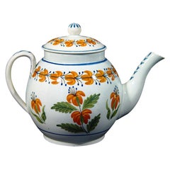 English Pottery Pearlware Teapot with Unusual Prattware Orange Flowers