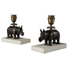 Pair of Regency Period Bronze and Gilt Brass Rhinoceros Candlesticks