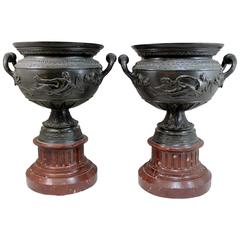 Pair of 19th Century French Bronze Handled Urns with Marble Plinths