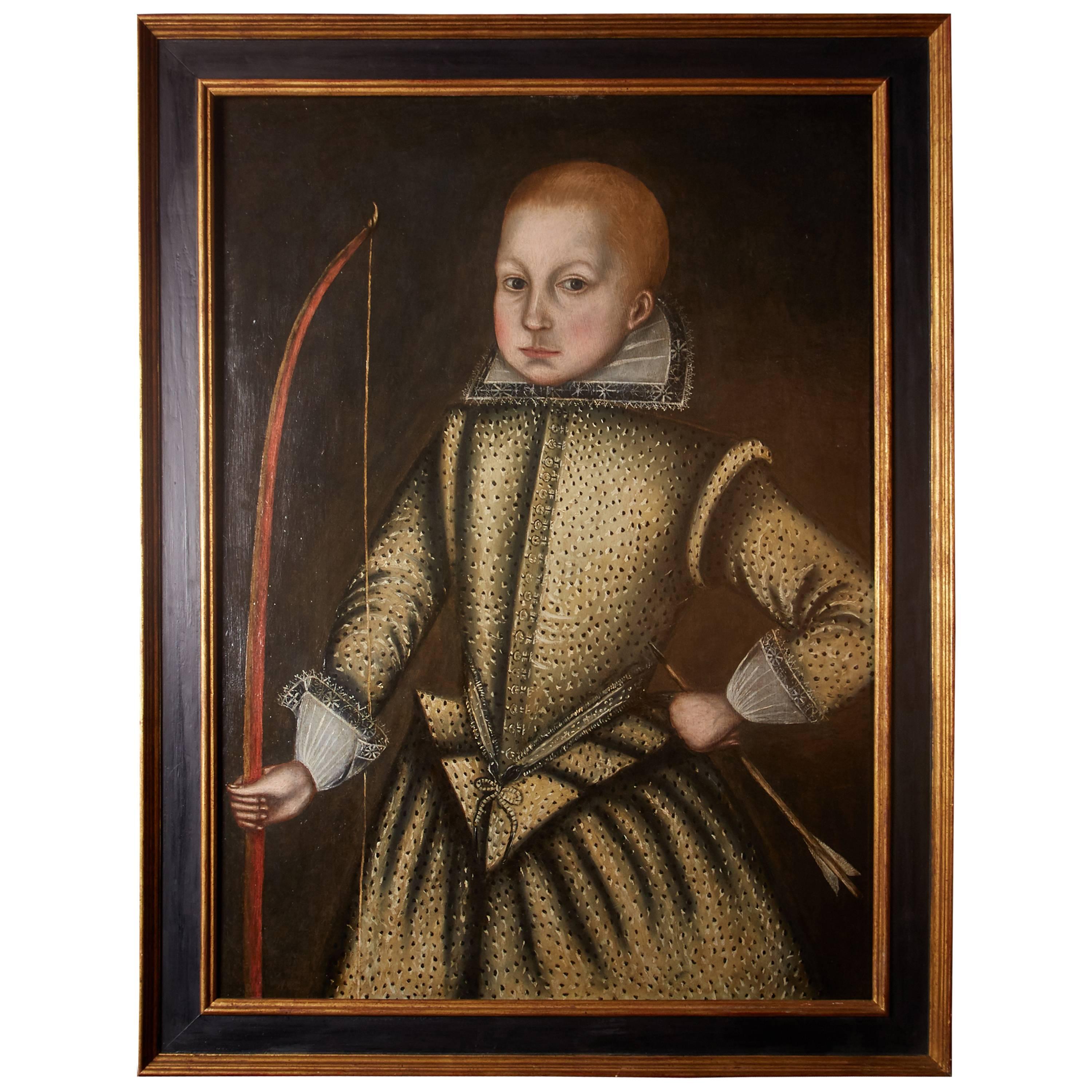 English portrait of a Jacobean boy with bow and arrow, early 17th century