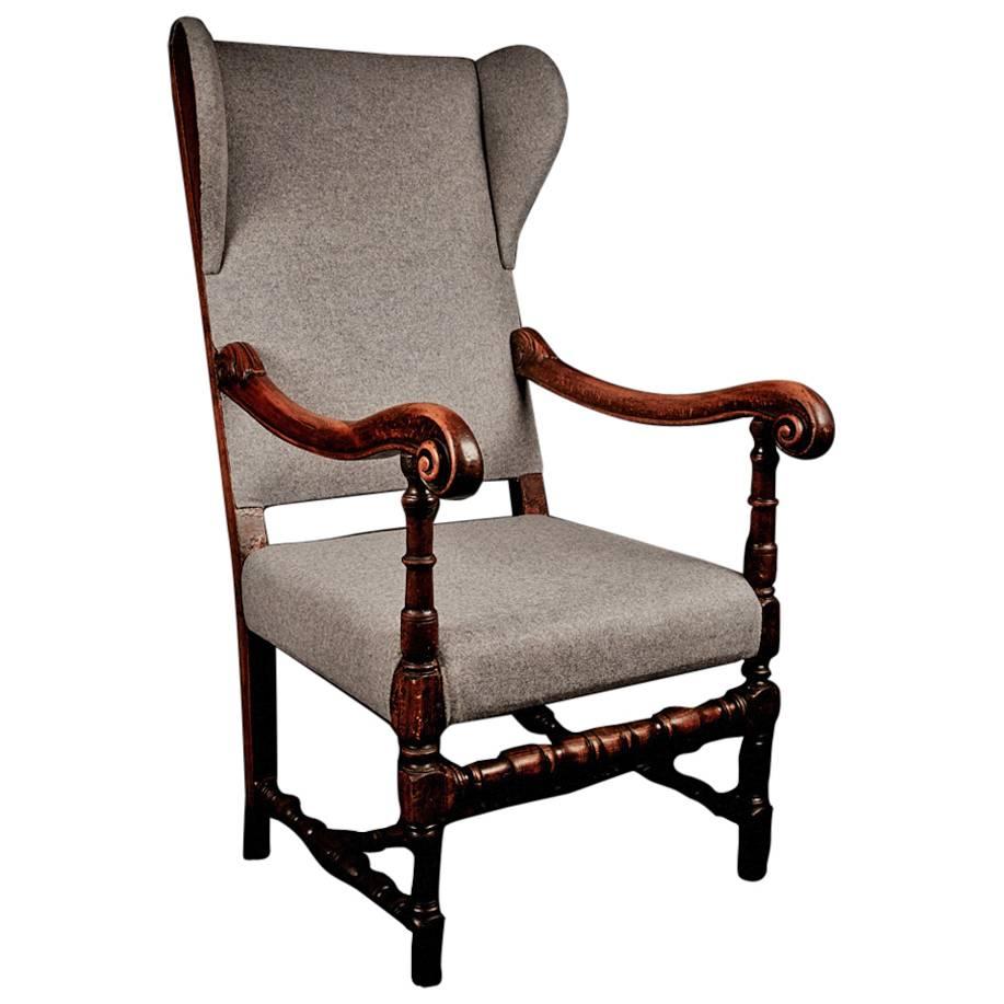 Original French Louis XIV walnut throne wing armchair, 18th century For Sale