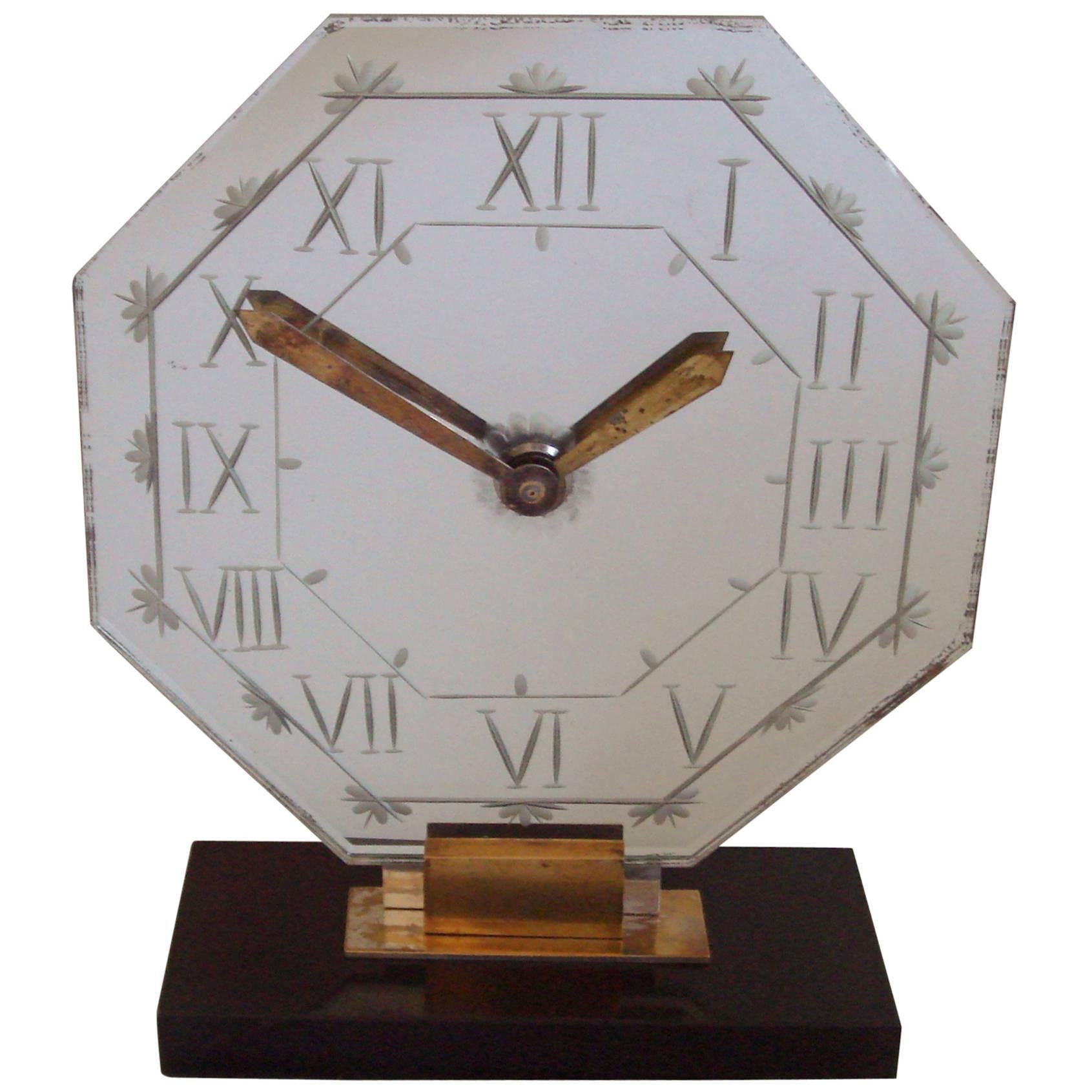 French Art Deco Chrome, Brass, Marble and Wheel-Cut Mirror Mantel Clock by Marti