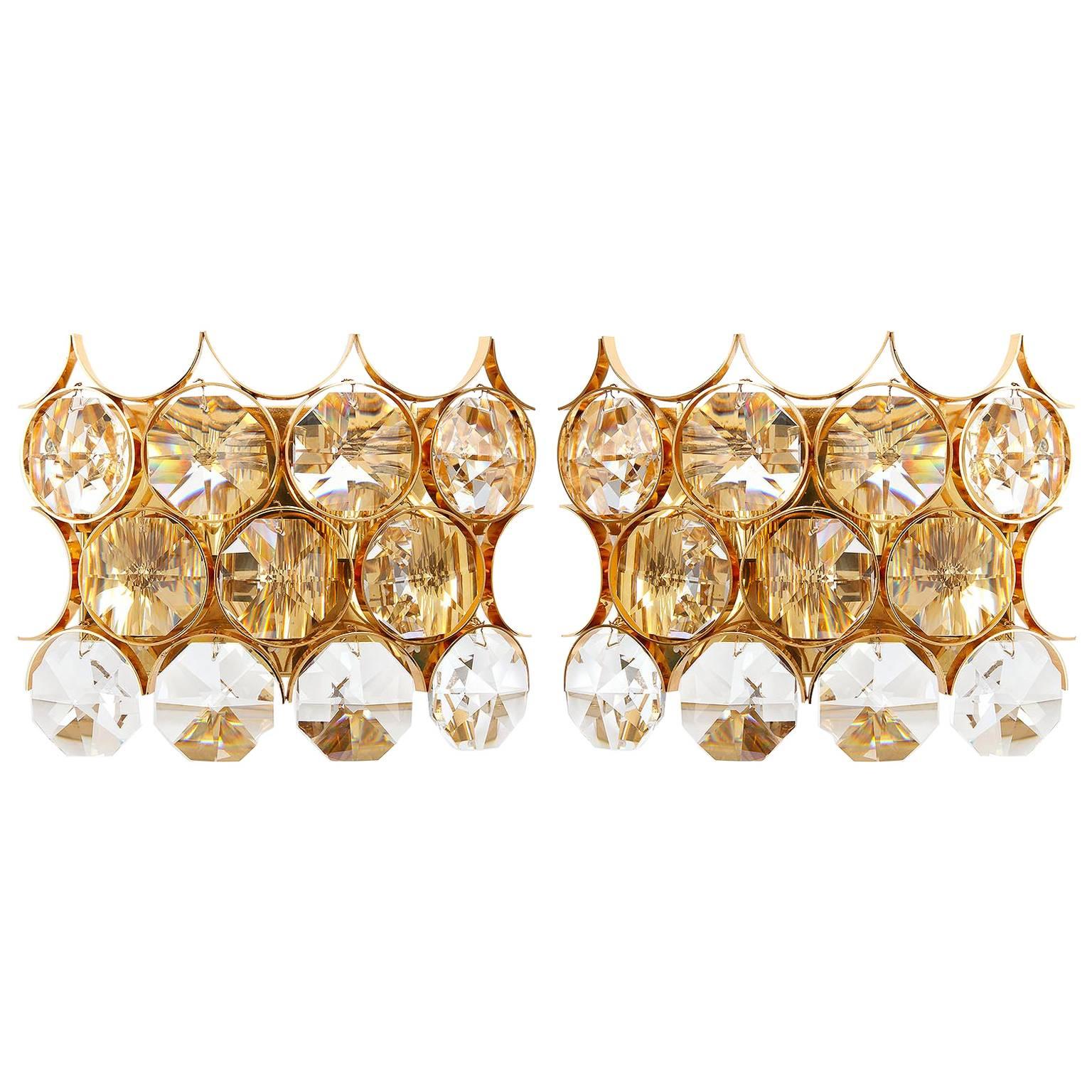 Pair of Palwa Sconces Wall Lights, Gilt Brass and Crystal Glass, 1970
