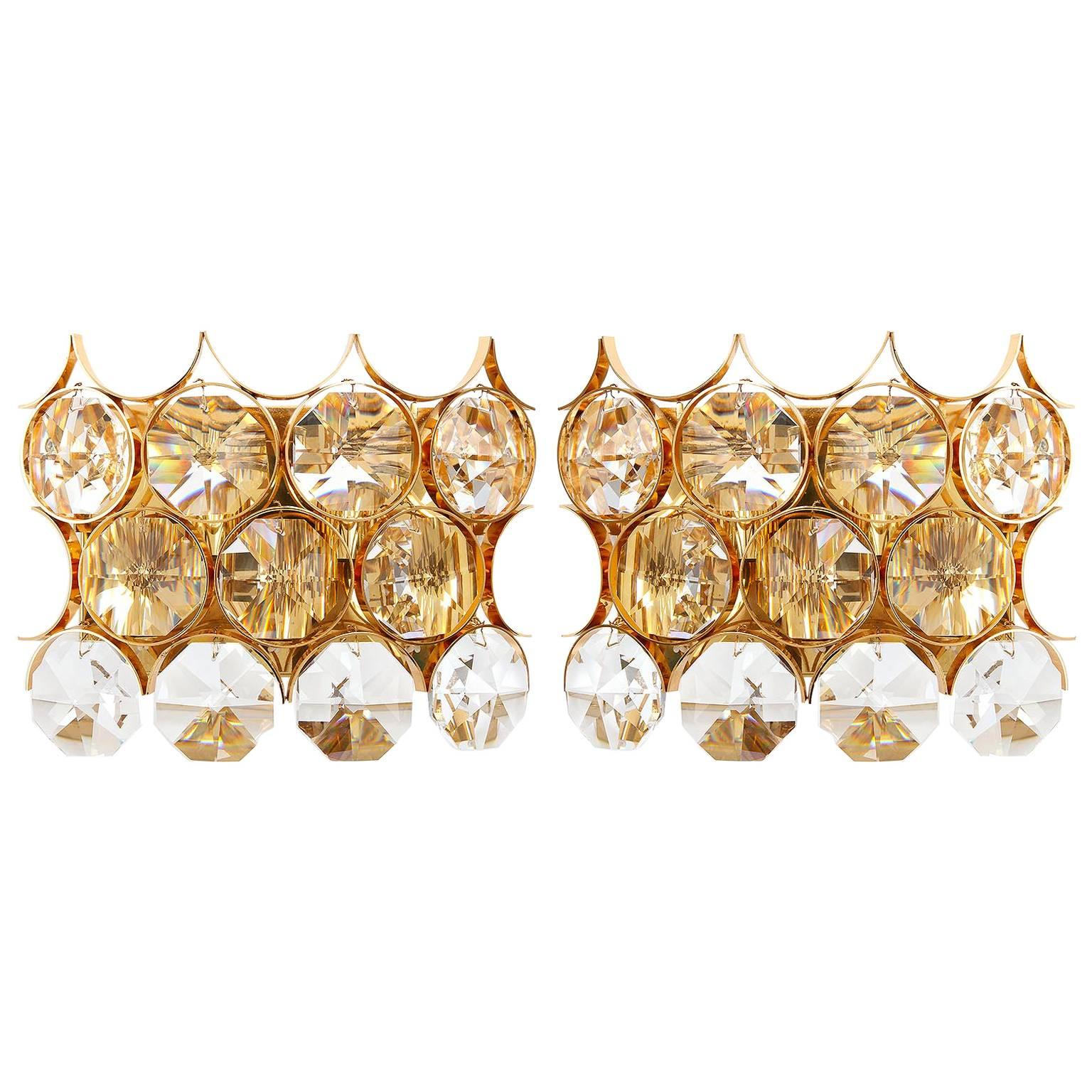 Pair of Palwa Sconces Wall Lights, Gilt Brass and Crystal Glass, 1970