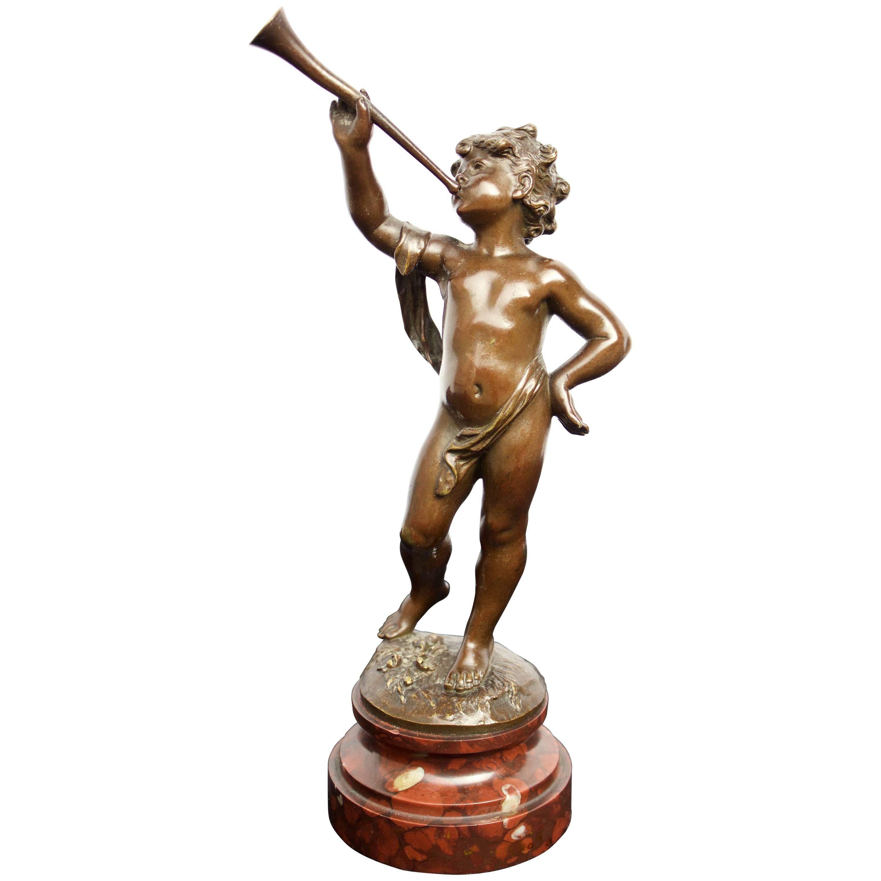 Cherub Blowing a Horn, French Bronze After A. Moreau For Sale