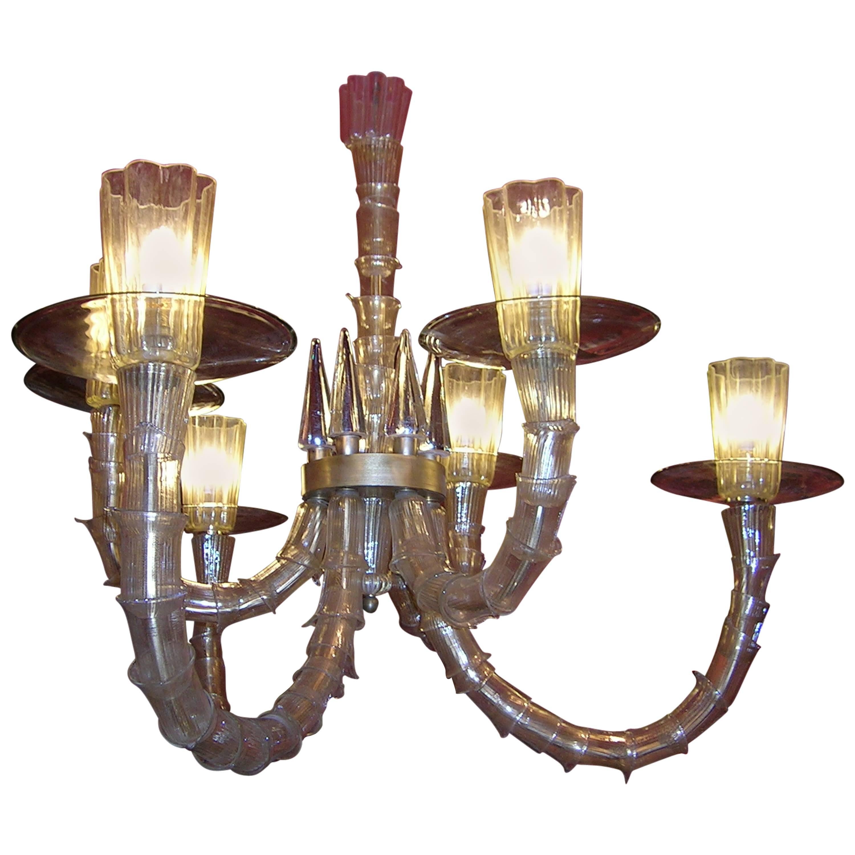 Mid-20th Century Six Arms Murano Glass with Gold Leaf Chandelier For Sale