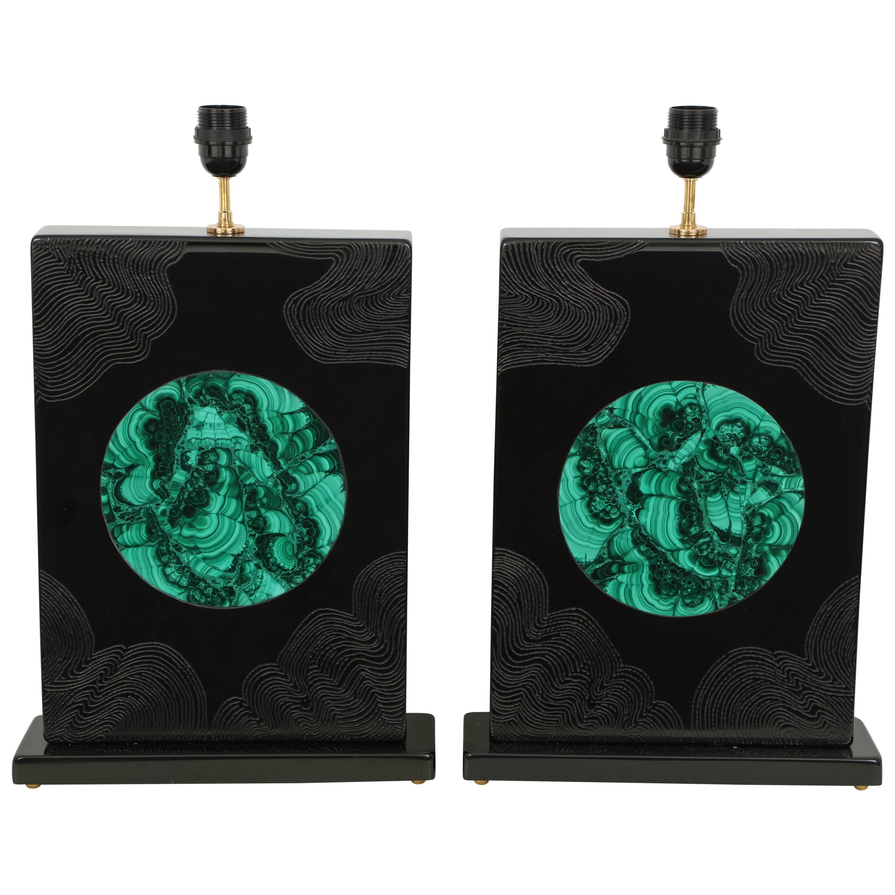 Pair of Lamps Black Resin and Malachite by Stan Usel For Sale