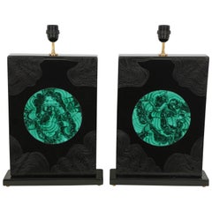 Pair of Lamps Black Resin and Malachite by Stan Usel