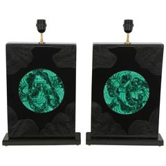 Pair of Lamps Black Resin and Malachite by Stan Usel 1