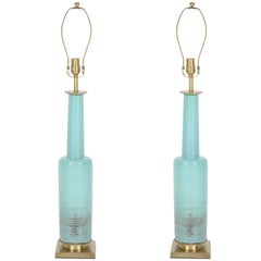 Stiffel Turquoise Ceramic and Brass Table Lamps