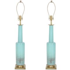 Stiffel Turquoise Ceramic and Brass Table Lamps 12
