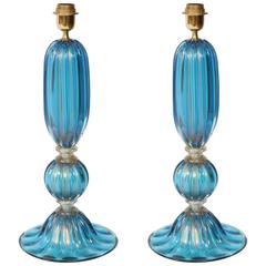Pair of Blue Murano Glass Lamps