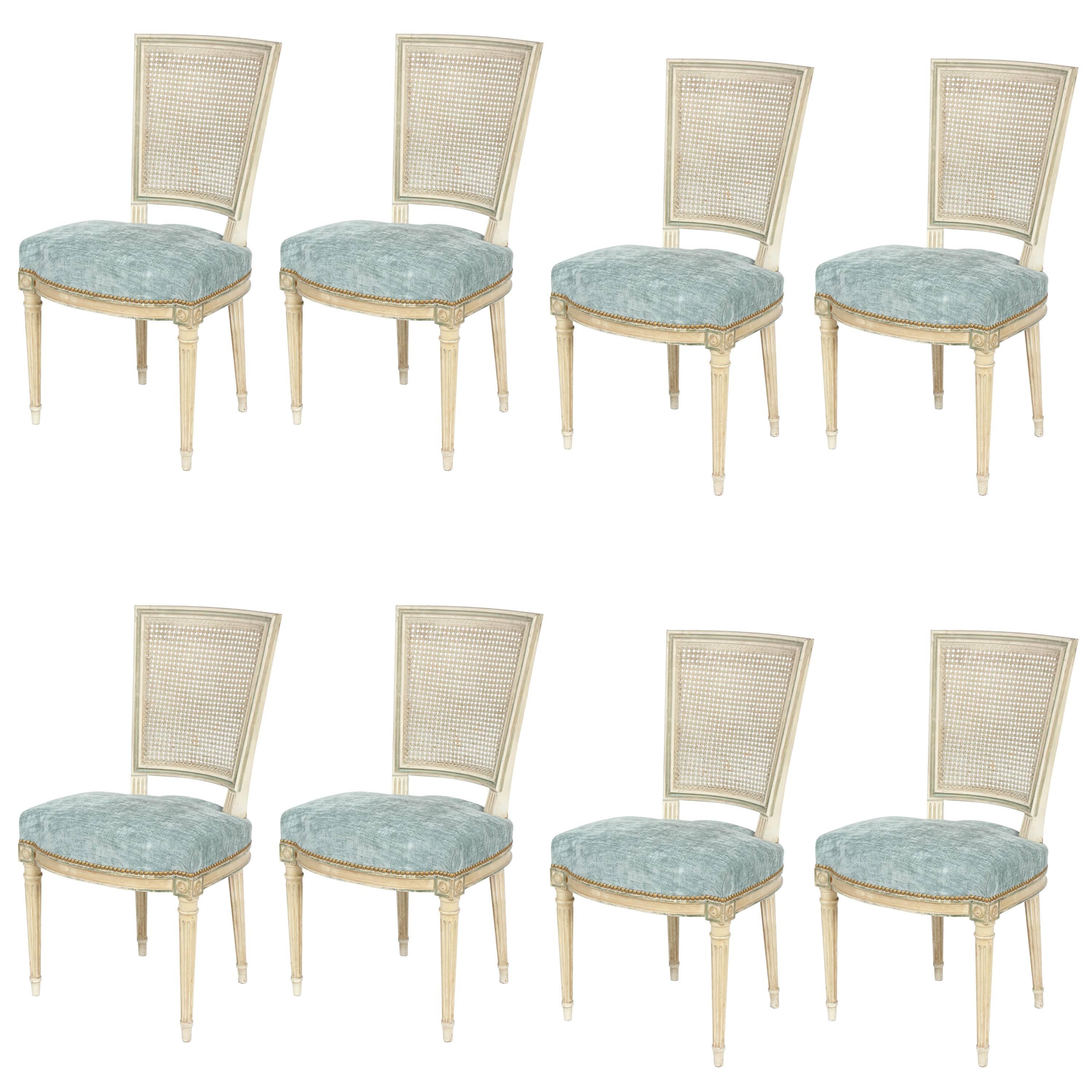 Set of Eight Louis XVI Style Caned Back Dining Chairs