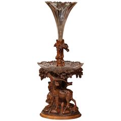 19th Century French Carved Walnut Black Forest Centrepiece with Crystal Bowl