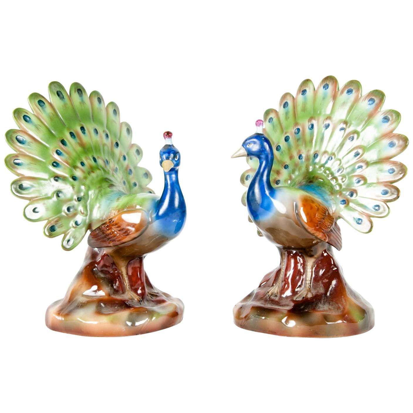 Antique European Pair of Decorative Glazed Porcelain Peacock