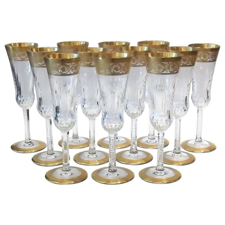 Saint Louis Thistle Pattern Gold Encrusted Champagne Flutes For Sale at