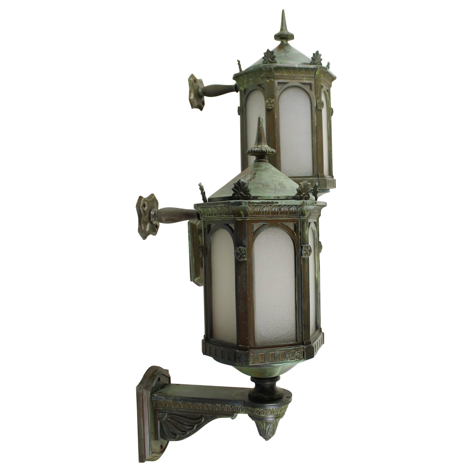 Pair of Bronze Neoclassical Commercial Sconces with Verdigris Finish