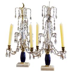 Antique Pair of 19th Century Russian Candelabra with Marble and Cobalt Blue Glass