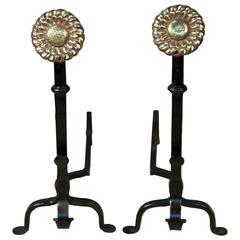 American Arts and Crafts Wrought Andirons with Sunflower Heads