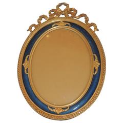 Fine Vintage French Bow Doré Bronze Oval Blue Enamel Picture Frame