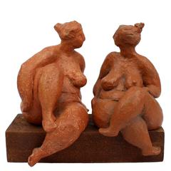 Two Modernist Terracotta Sculptures of Rubenesque Women by F. Kahn, 1980s
