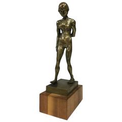 Eli Karpel Signed Bronze of Standing Nude On Wood Swivel Base