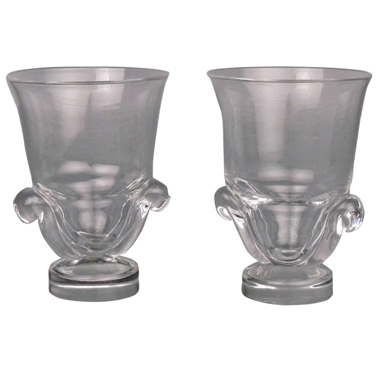Pair of Mid-Century Modern Steuben Glass Scroll Handle Vases by George Thompson