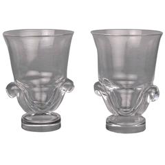 Pair of Mid-Century Modern Steuben Glass Scroll Handle Vases by George Thompson 3