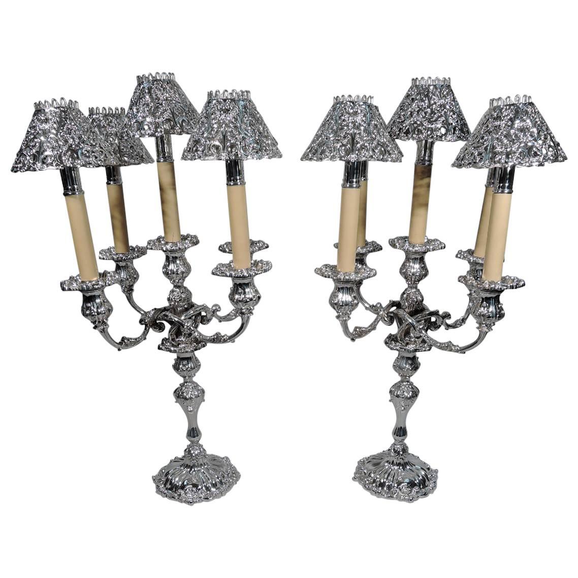 Pair of JE Caldwell Sterling Silver Five-Light Candelabra with Shades