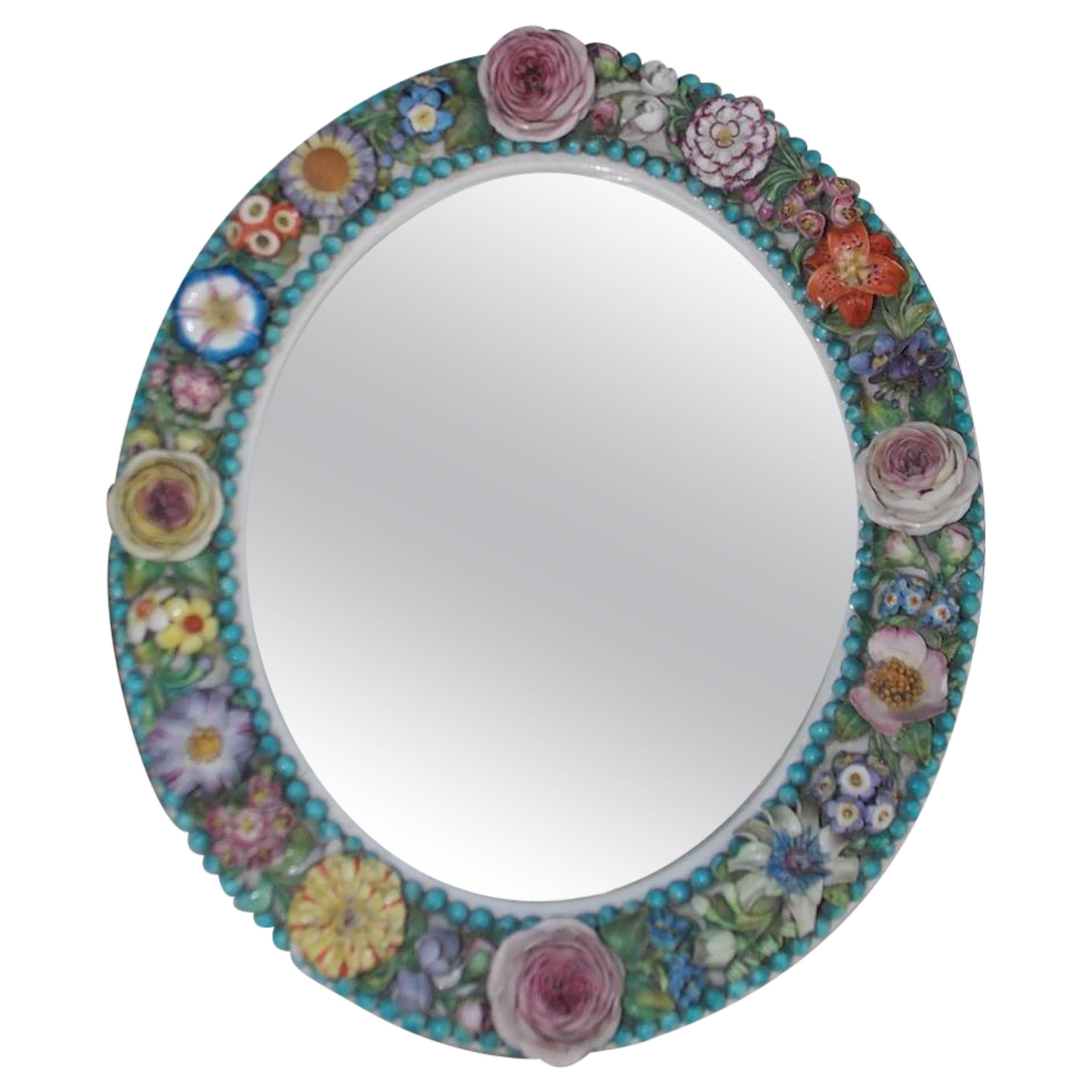 English Derby Porcelain Decorative Floral Oval Wall Mirror, Circa 1800 For Sale