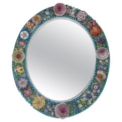 English Derby Porcelain Decorative Floral Oval Wall Mirror, Circa 1800