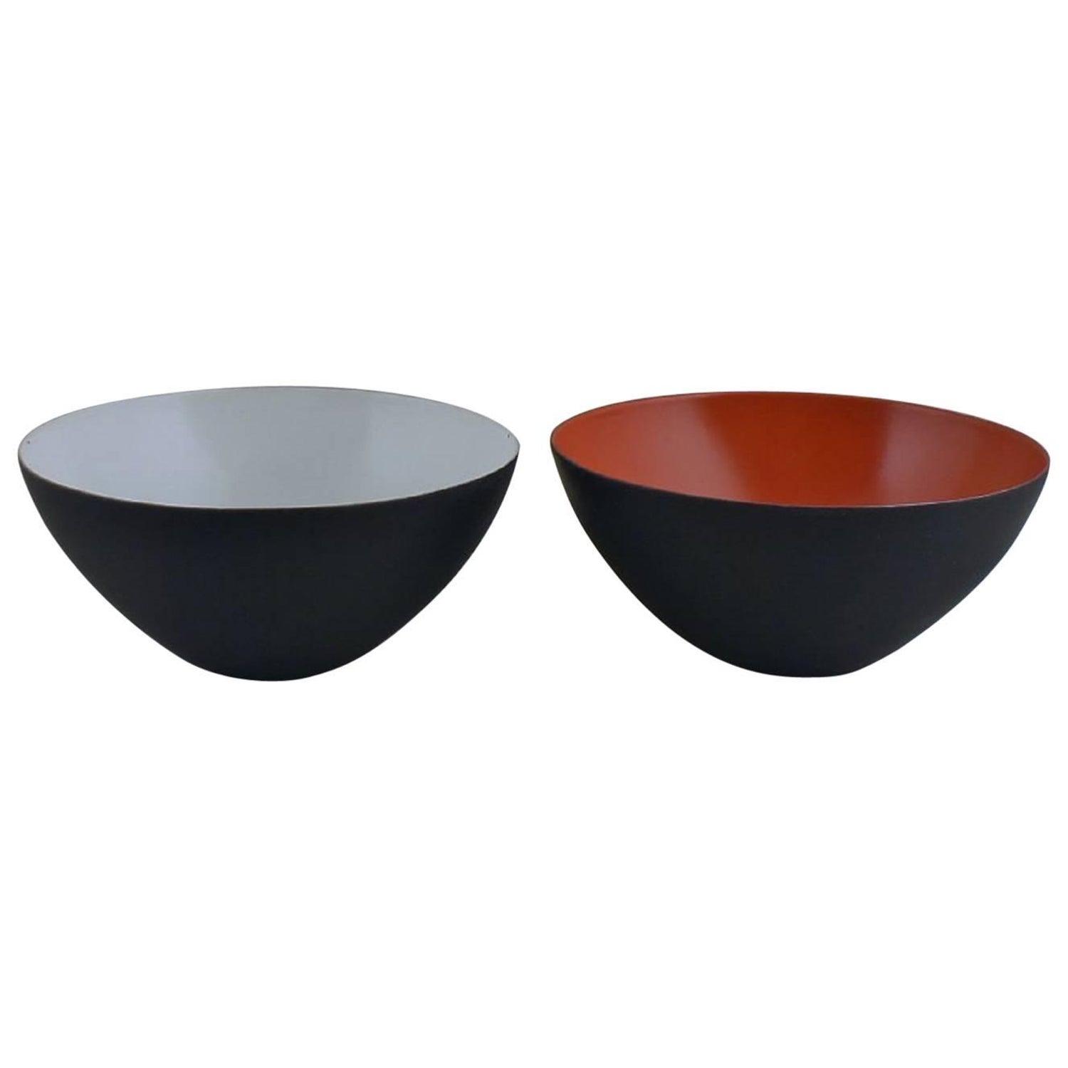 Two Krenit Bowls by Herbert Krenchel, Black Metal, White and Orange Enamel  For Sale at 1stDibs