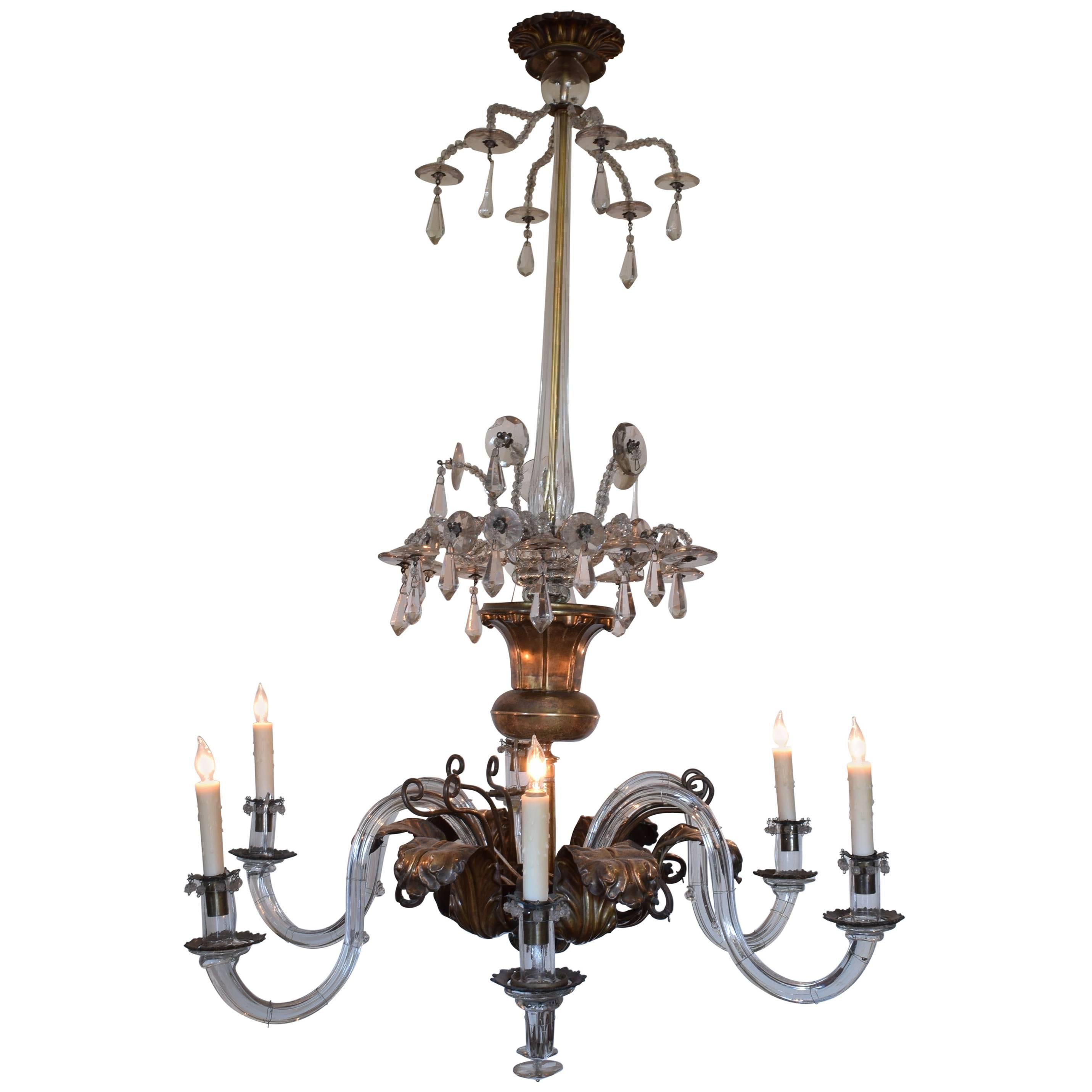 Italian Neoclassical Brass and Glass Six-Light Chandelier, 19th Century UL Wired