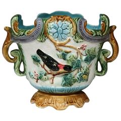 19th Century French Hand-Painted Barbotine Cache Pot with Bird and Leaves