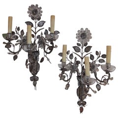 Antique Pair of French Maison Baguès Foliage Crystal Three Arm Wall Sconces, Circa 1890