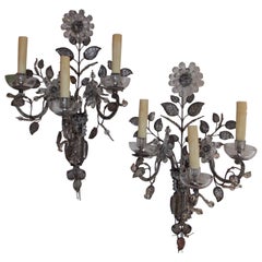 Antique Pair of French Maison Baguès Style Crystal Floral Sconces, Circa 1880