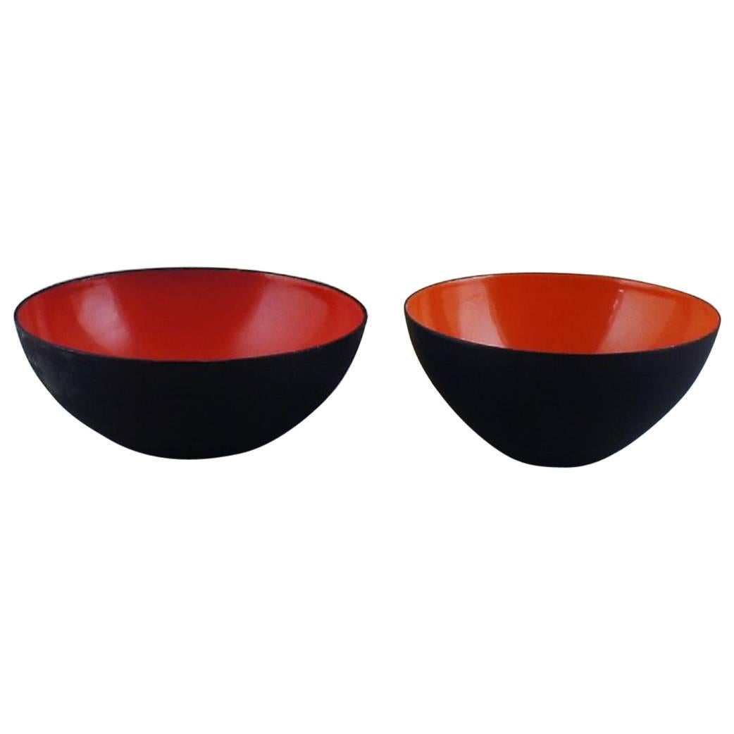 Two Krenit Bowls, Herbert Krenchel, Black Metal and Red and Orange Enamel, 1970s