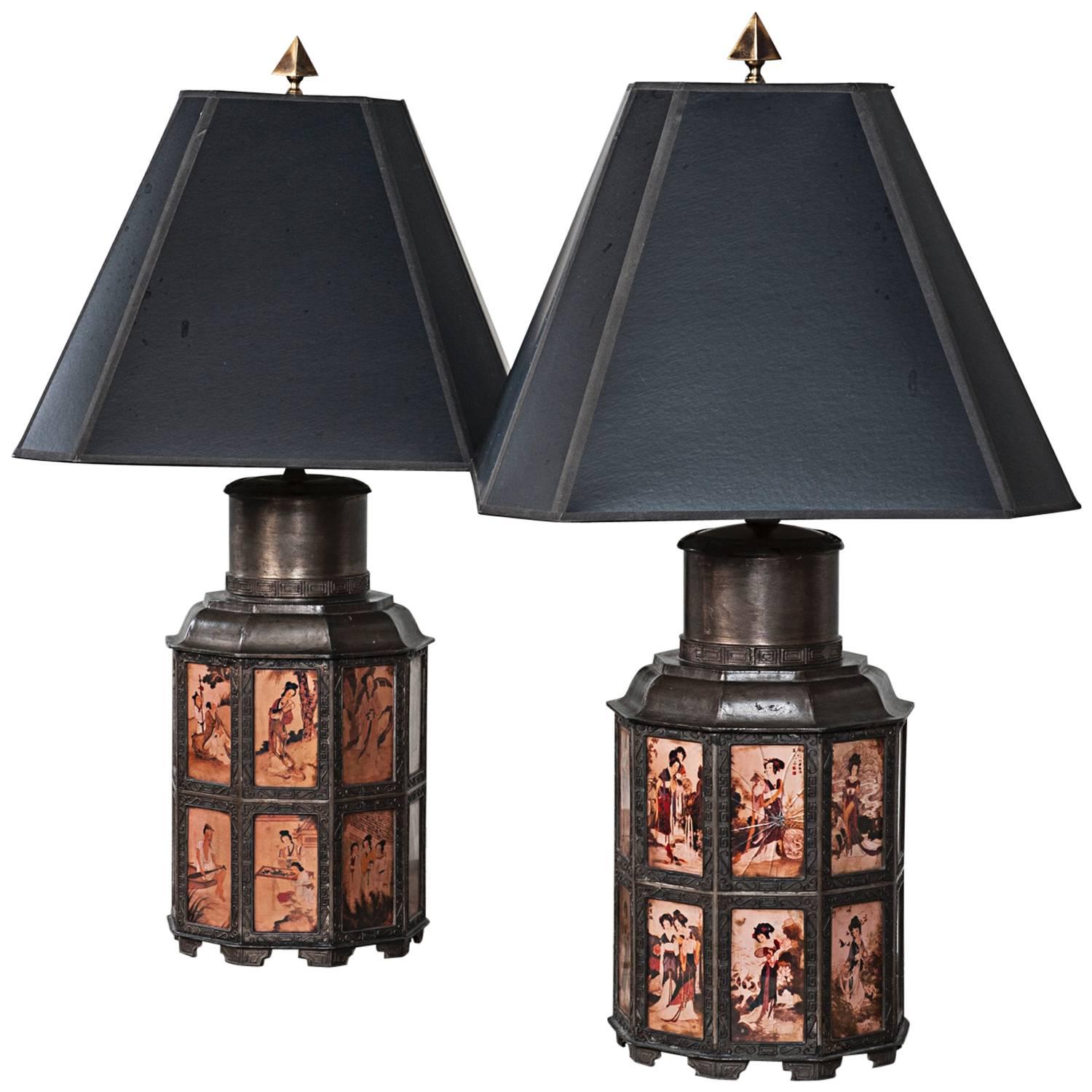 Vintage Pair of Pewter Asian Style Nonagon Table Lamps