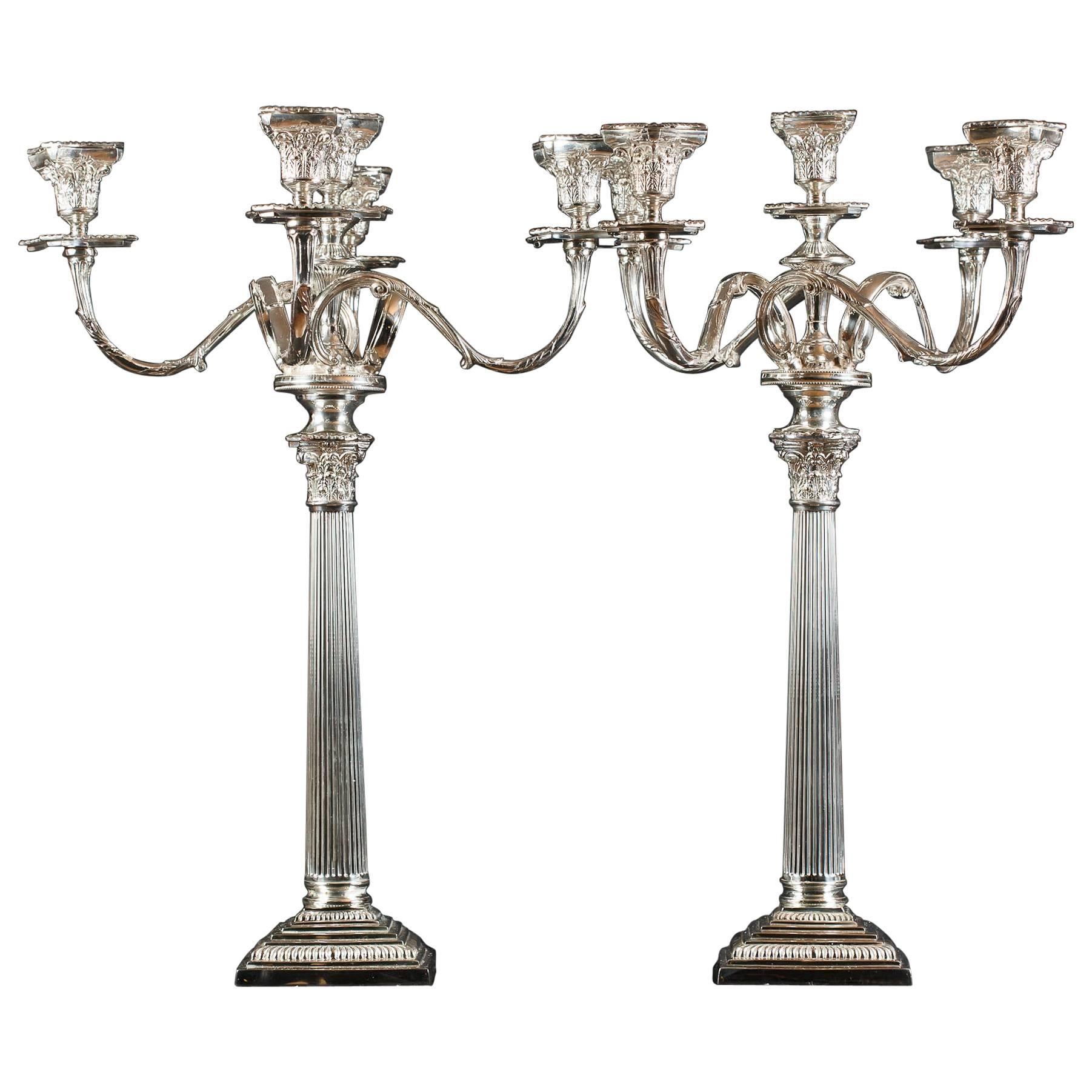 Regency Style Silver Plate Candelabras Doric Column Candles For Sale