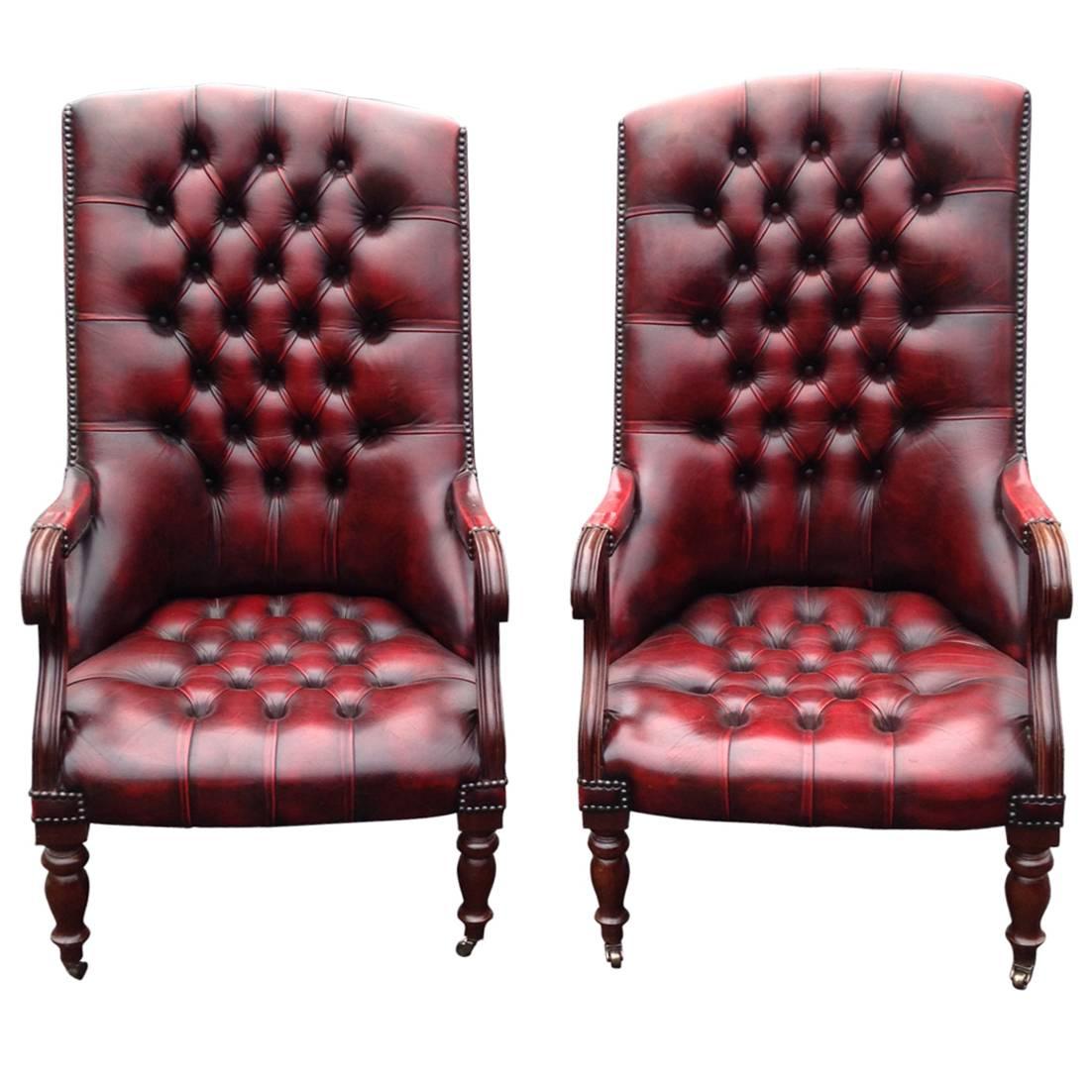 Special Pair of William IV Mahogany and Tufted Red Leather Library Chairs