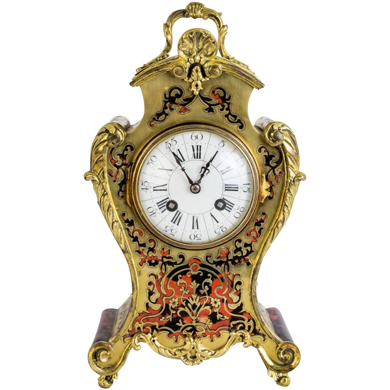 19th Century French Red Boulle Cut Brass Mantel Clock