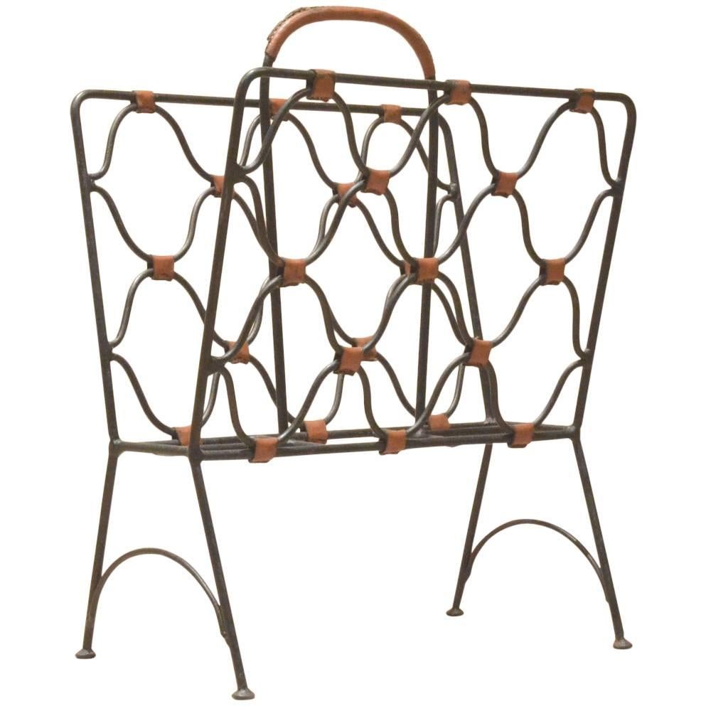 French Mid-Century Design Jacques Adnet Cast Iron & Brown Leather Magazine Rack For Sale