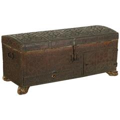 18th Century Italian Wooden Chest Covered with Leather and Decorated with Studs