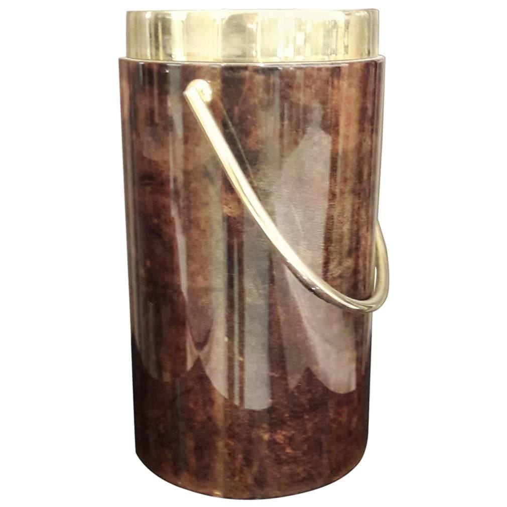 Ice Bucket by Tura, Goatskin Tobacco and Brass For Sale