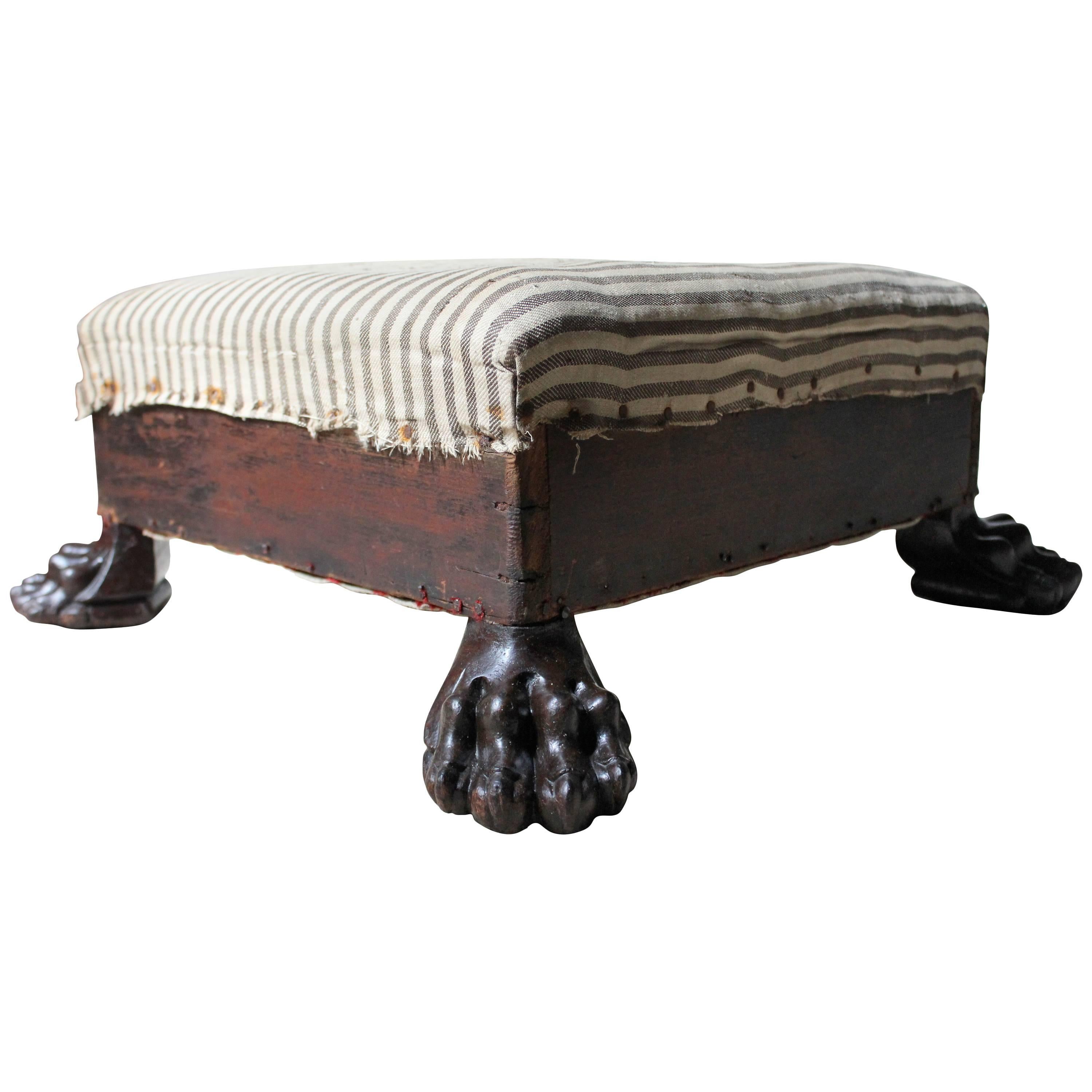 Magnificent Regency Period Mahogany Lions Paw Footed & Ticking Upholstered Stool