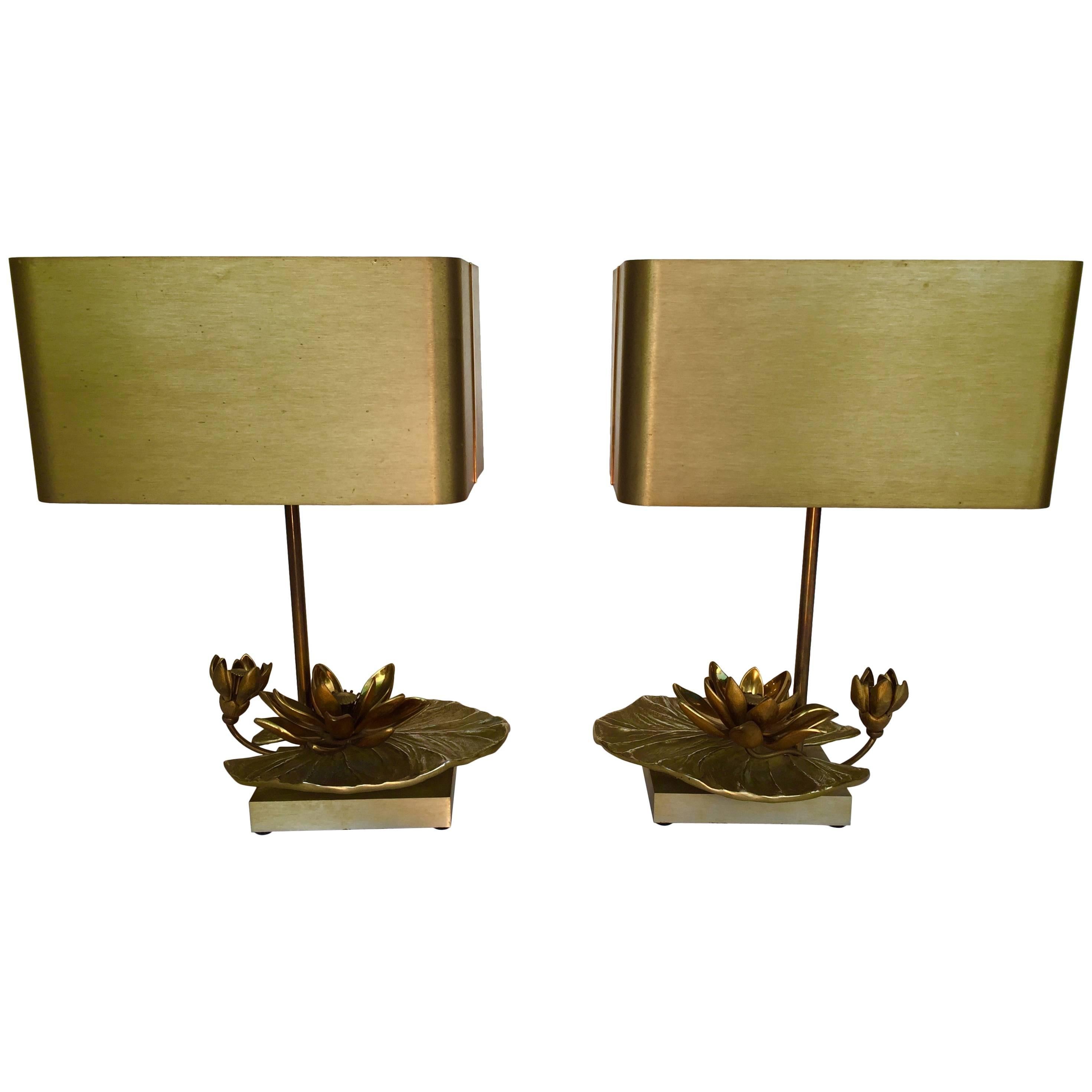 Pair of Bronze Nenuphar Lamps by Maison Charles, France, 1970s