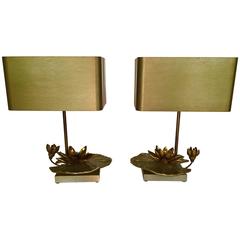 Pair of Bronze Nenuphar Lamps by Maison Charles, France, 1970s