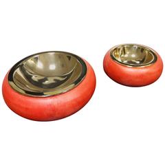 Red Goatskin Matt and Brass Tura Ashtrays or Candies Bowl, Set of Two