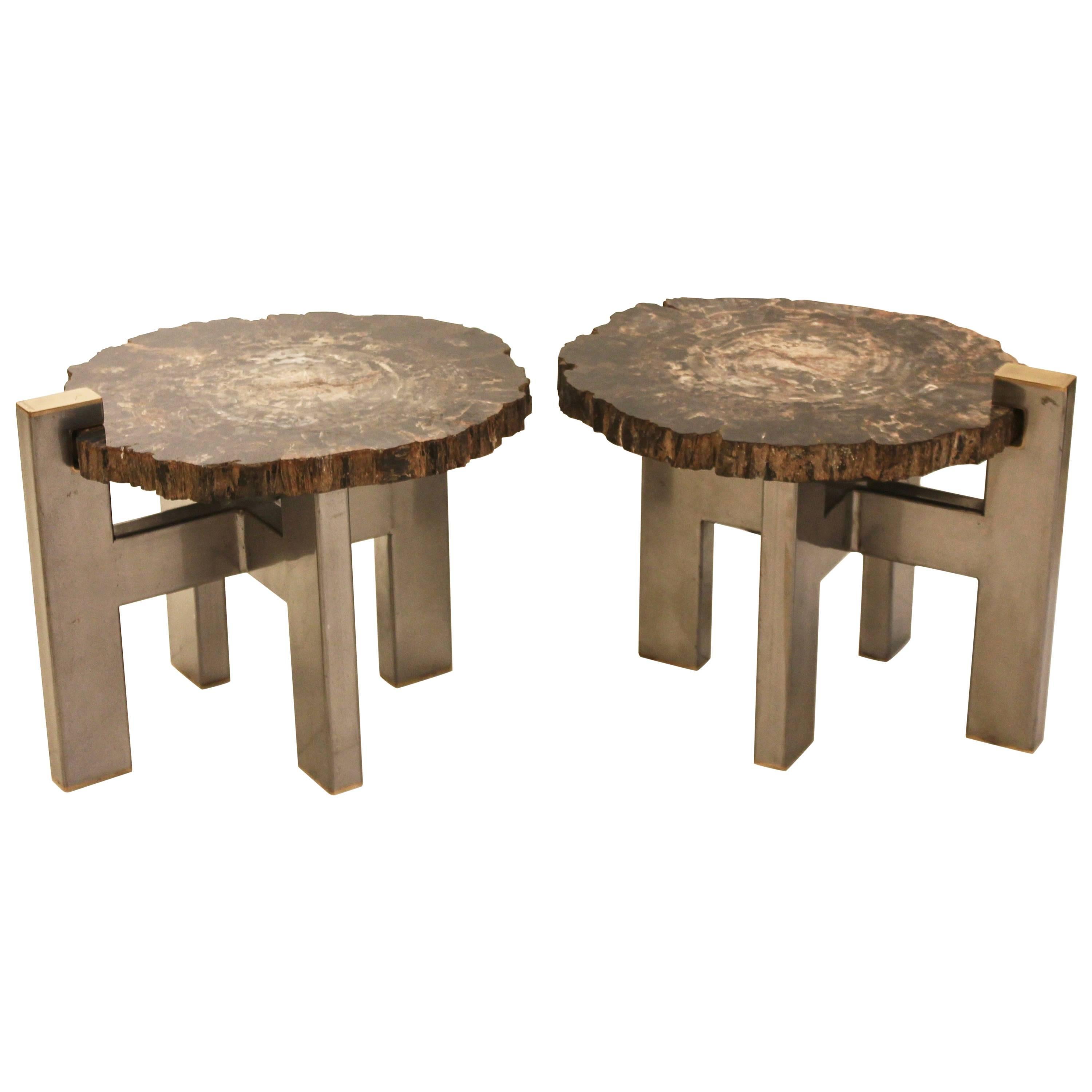 Pair of 1970s Inspired Side Tables in Petrified Wood by Artist Yann Dessauvages