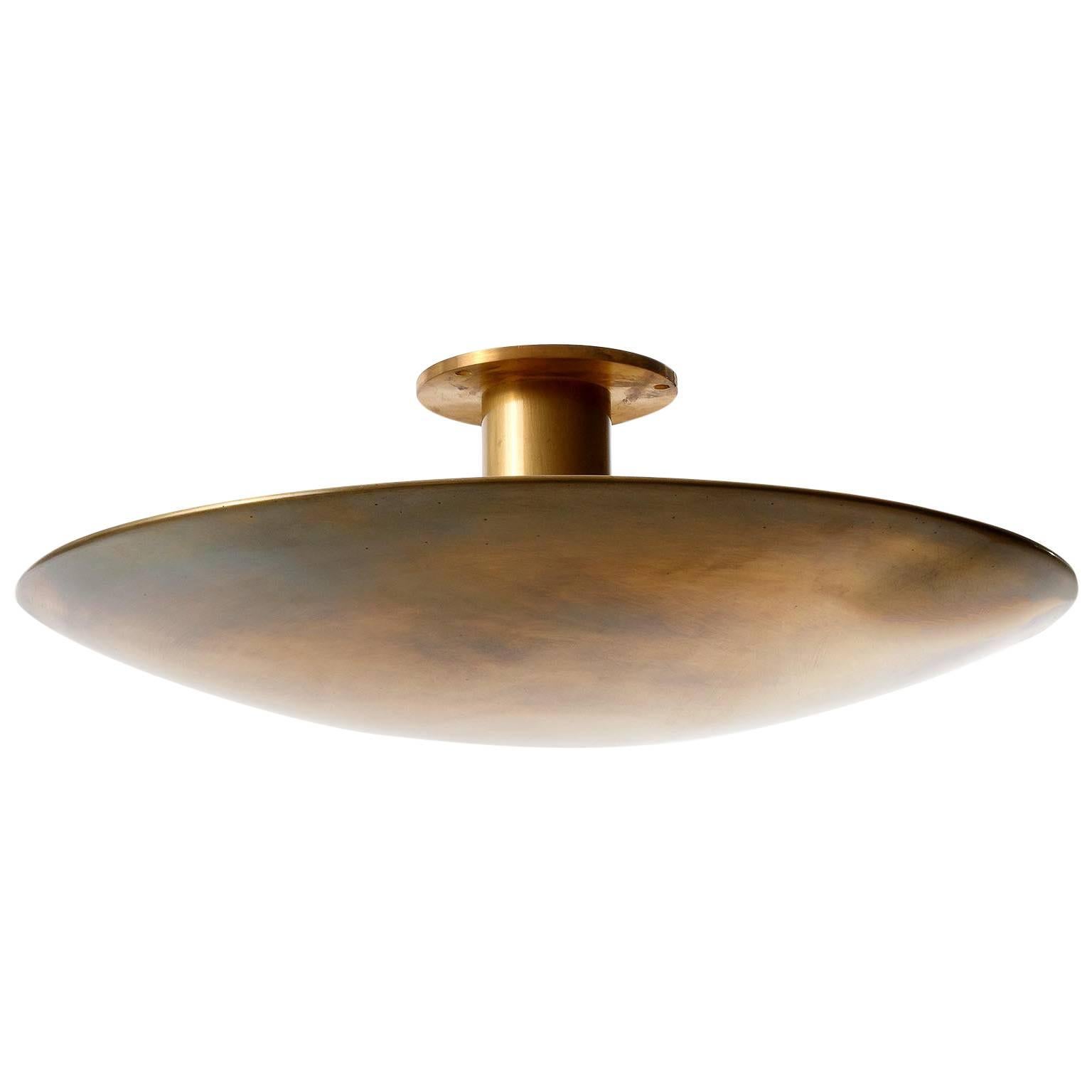 Large Florian Schulz Flush Mount Light, Patinated Brass Bowl, 1970s